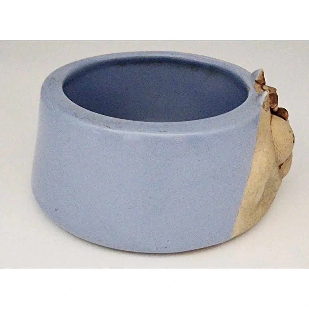 Ceramic Cat Face Pet Bowl Small Blue Tan Whimsical 3D Relief Studio Pottery